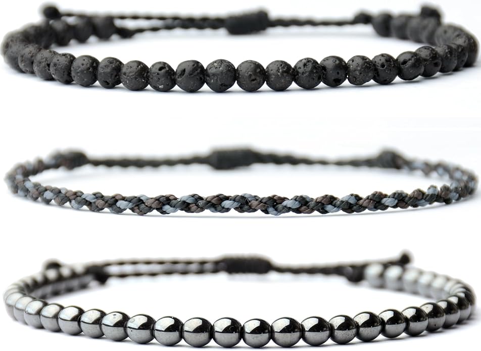 Mezcla Vida 3 Pcs Handmade Natural Gemstone Beaded Bracelet, Adjustable Waterproof Rope Bracelet Set, Valentines Day Birthday Gifts for Boyfriend Husband Him