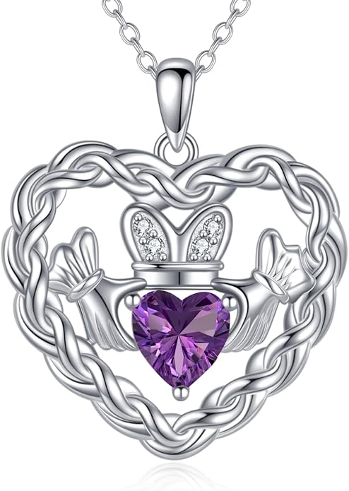 Birthstone Claddagh Heart Necklace 925 Sterling Silver Heart Celtic Knot Claddagh Necklace Pendant Irish Jewelry Gifts for Women Mom Wife Sister Christmas Birthday,18+2 inch
