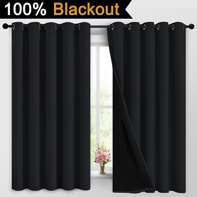 Yakamok Black 100% Blackout Curtains 63 Inches Long for Bedroom 62" Wide | Blackout Curtain Panels for Bedroom, 2 Thick Layers Grommet Top Thermal Insulated Drapes with Black Liner for Living Room