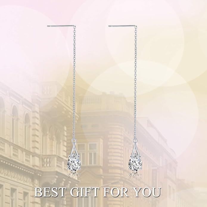 POPLYKE Sterling Silver CZ Threader Earrings Teardrop Chain Tassel Dangling Earrings for Women Dangling Jewelry