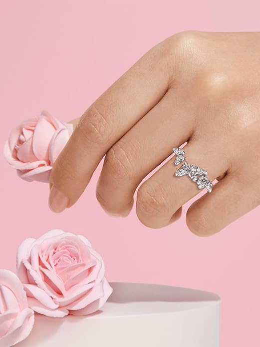 Moissanite Flower/Butterfly/Star Pretty Open Ring for Women, Adjustable Ring, Solid 925 Sterling Silver with Gold Plated, Stackable Ring, Birthday Valentines Anniversary Mothers Day Ideal Gift for Her