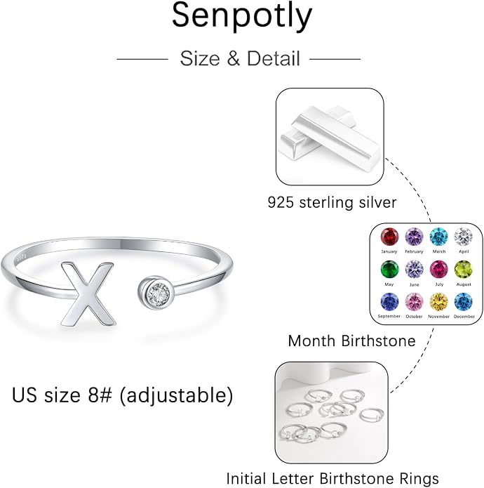 925 Sterling Silver Initial Letter Birthstone Rings for Women Adjustable 1-12 Month Birthstone Alphabet Stacking Ring for Teens Girls Stackable Birthstone Rings Birthday Jewelry Gift for Daughter Mom