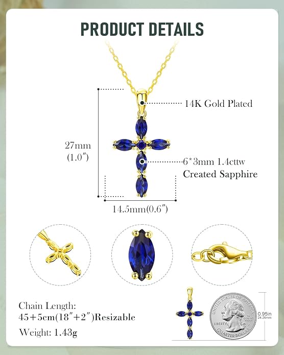 14K Gold Plated 925 Sterling Silver Birthstone Cross Necklace for Women Men