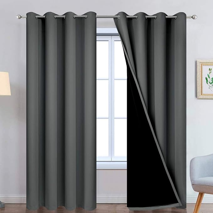 Yakamok Dark Grey Full Shade Curtain Panels, Heavy Duty Lined Curtains 84 Inches Long, Thermal Insulated Room Darkening Curtains with Black Liner for Bedroom(52" Width Each Panel, Dark Gray, 2 Panels) | Blackout Curtain Panels for Bedroom, 2 Thick Laye...