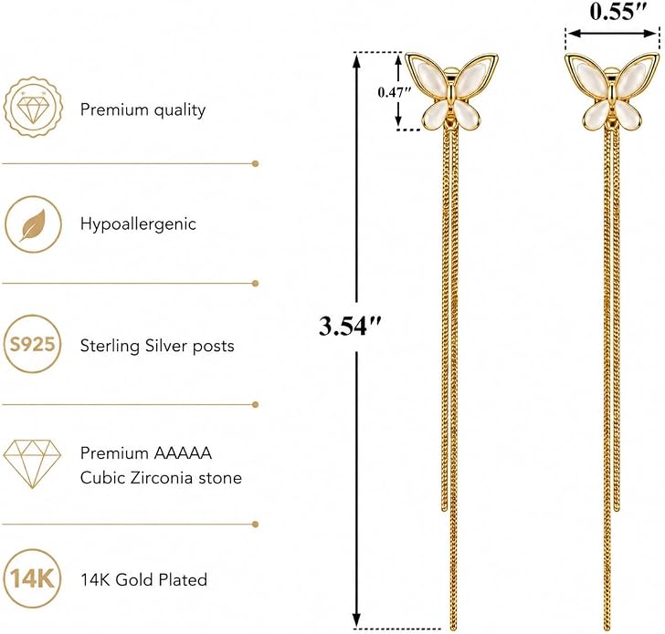 14K Gold Plated Flower Dangle Earrings for Women, Hypoallergenic Cubic Zirconia Long Threader Chandelier Earrings, Elegant Crystal Jewelry for Wedding Bridal Prom Party Gifts