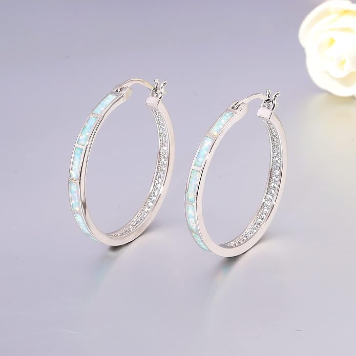 CiNily Opal Hoop Earrings,Women Jewelry Rhodium Plated/Rose Gold or Yellow Gold Plated Gemstone Big Hoop Earrings 32mm