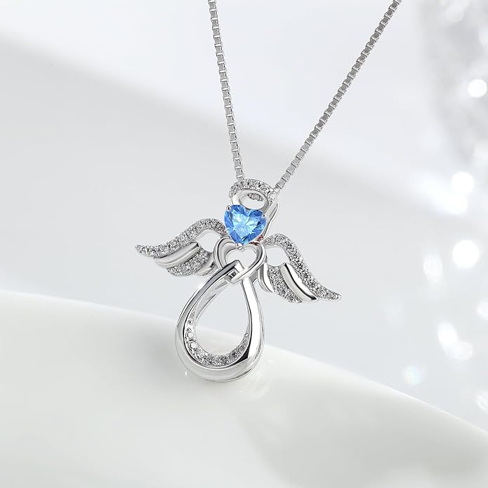 925 Sterling Silver Guardian Angel Pendant Necklace for Women with Birthstone Cubic Zirconia Little Angel Pendant Necklace Jewelry 18 inch Chain
