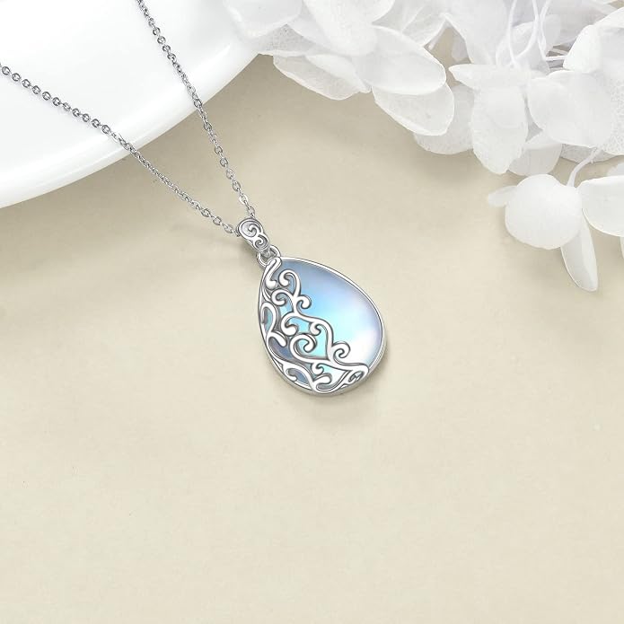 YAFEINI 925 Sterling Silver Moonstone Necklace Filigree Teardrop Pendant Necklace Jewelry for Women Girls