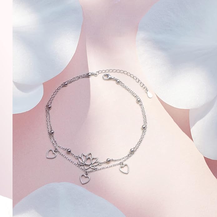 Flyow Anklet for Women S925 Sterling Silver Adjustable Foot Beaded Heart Charm Ankle Bracelet Anklets Jewelry
