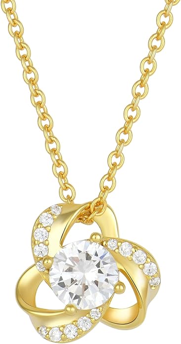 18K Gold Plated Love Knot Necklace for Women, 925 Sterling Silver Round cut Birthstone Pendant Necklace With Chain Lucky Flower Jewelry Gift