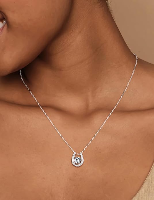 925 Sterling Silver Horseshoe Necklace for Women Round Gemstone Birthstone Necklace Sapphire/Emerald/Ruby/CZ Horse Shoe Pendant Necklaces Jewelry Gift