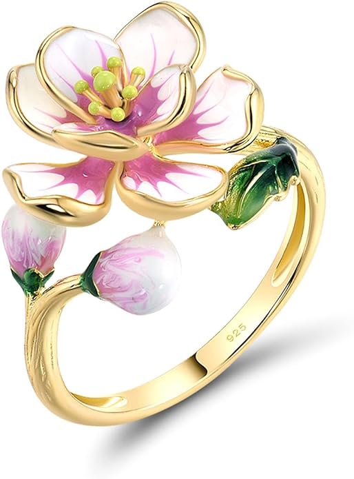 Santuzza 925 Sterling Silver Enamel Flower Statement Ring for Women