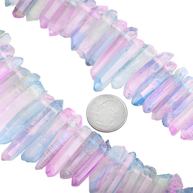 SUNYIK Pink/Blue Titanium Coated Crystal Points Quartz Rough Sticks Spikes Point Beads 15 inch Strand Drilled