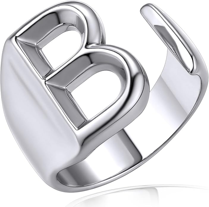 KeyStyle Bold Initial Letter Rings Adjustable, GoldChic Jewelry Women Gold Statement Ring Personalized Engraved Women’s Open Signet Ring for Party (Gold, White Gold, Black)