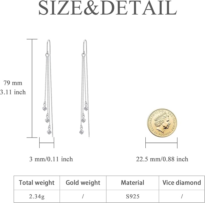 Sterling Silver Threader Earrings Flower Heart Moon Star Tiny Cube Rhombus Sector Beads Dream Catcher Evil Eye Butterfly Leaf Lightning Bolt Tassel Dangle Drop Chain Charm Earrings Jewelry Gifts for Women