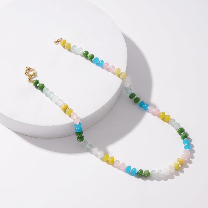 LALAPPLE Colorful Beaded Gemstone Necklace for Women, Boho Rainbow Bead Choker with Natural Stone Crystal Beads, Handmade Summer Beach Necklace Jewelry
