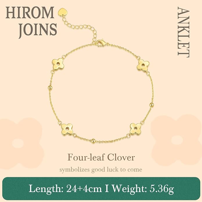 14K Gold Plated Anklets for Women Four-Leaf Clover 14K Gold Plated Ankle Bracelets for Women Golden Jewelry for Womens Anklets Bracelets Romantic Floral Adjustable 9.4+1.6in