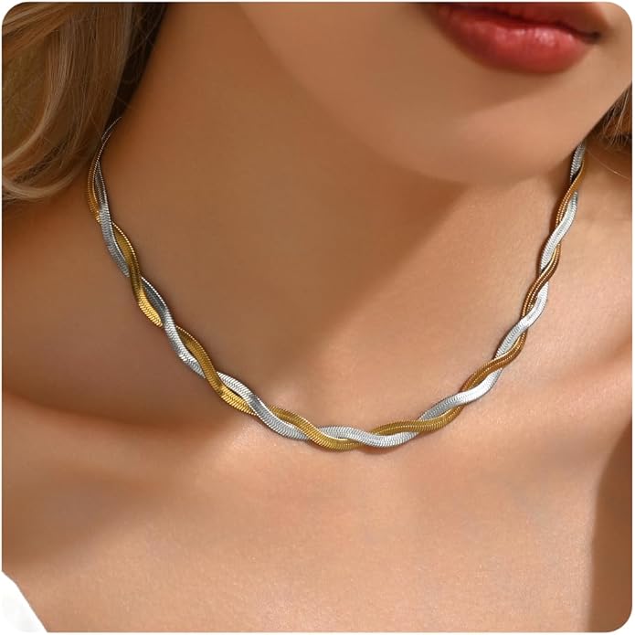 18K Gold Plated Snake Chain Herringbone Necklace Layered Double Chain Choker Necklaces for Women Trendy Jewelry Christmas Gifts