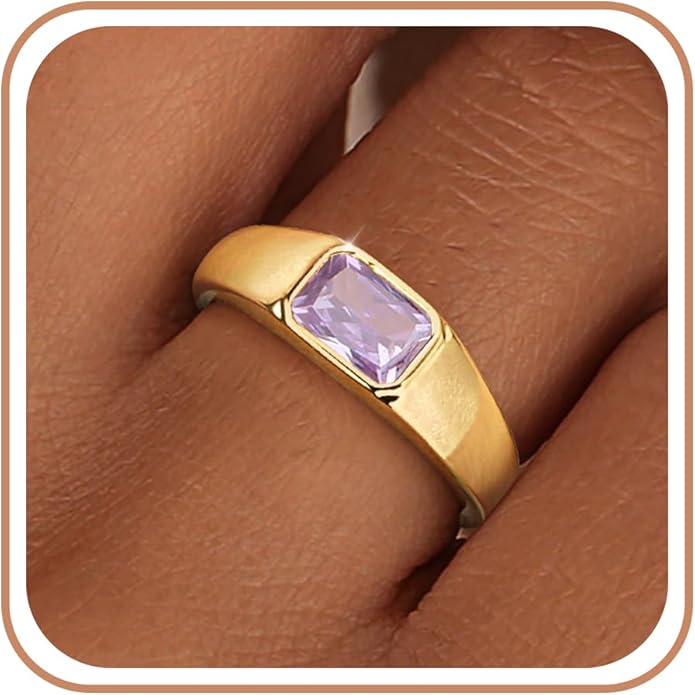Birthstone Gold Rings for Women Non Tarnish 14K Gold Plated Chunky Emerald Rings Thumb Signet Statement Dainty CZ Band Ring Unique Waterproof Cute Jewelry Gift for Birthday Size 6-10