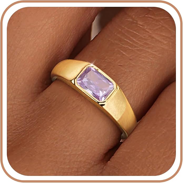 Birthstone Gold Rings for Women Non Tarnish 14K Gold Plated Chunky Emerald Rings Thumb Signet Statement Dainty CZ Band Ring Unique Waterproof Cute Jewelry Gift for Birthday Size 6-10