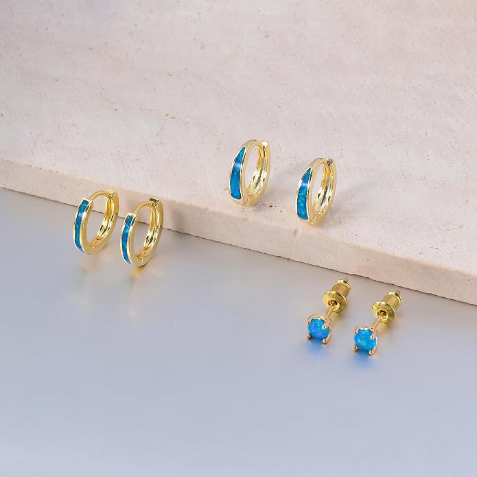 CiNily Opal Earrings Set for Women Hypoallergenic, Opal Stud Huggie Hoop Earrings Silver/Rose Gold Plated Dainty Hoop Huggie Silver Dangle Earring Stacks, Gold Jewelry