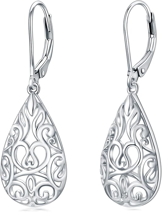 VONALA Filigree Teardrop Earrings for Women Sterling Silver Filigree Teardrop Dangle Earrings Filigree Leverback Earrings for Women Birthday Gift