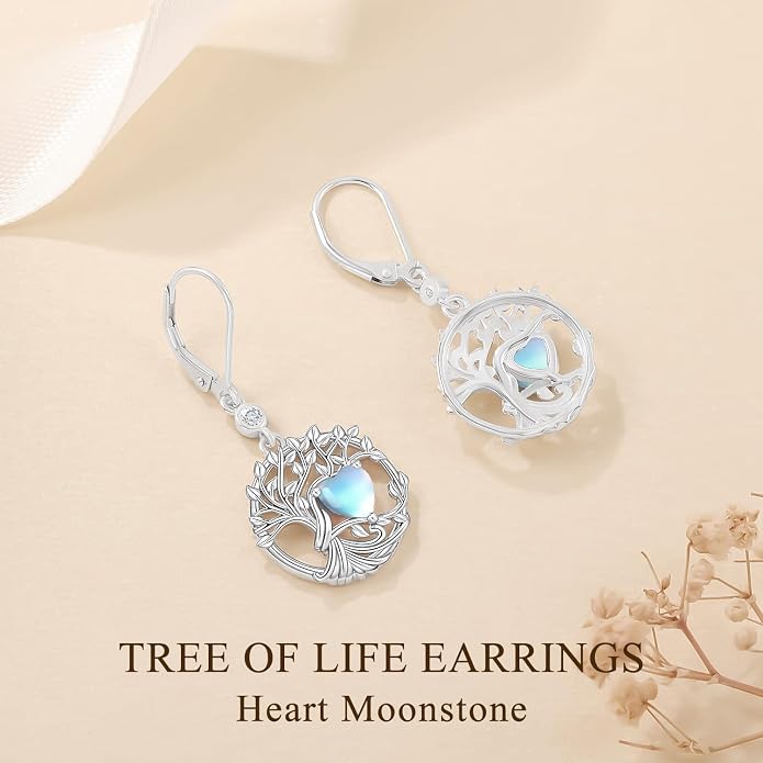 Odinstone 925 Sterling Silver Earrings Tree of Life Teardrop Moonstone Dangle Drop Leverback Earrings for Women
