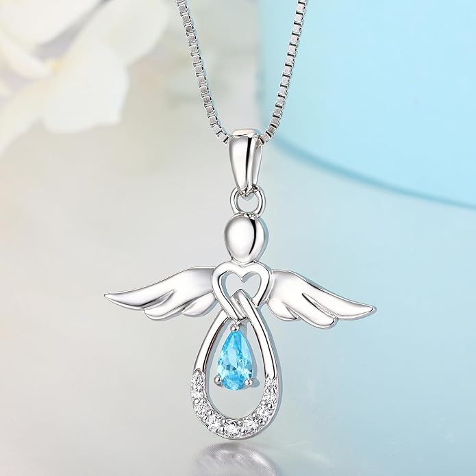 FJ Guardian Angel Necklace 925 Sterling Silver Birthstone Pendant Angel Jewelry Gifts for Women