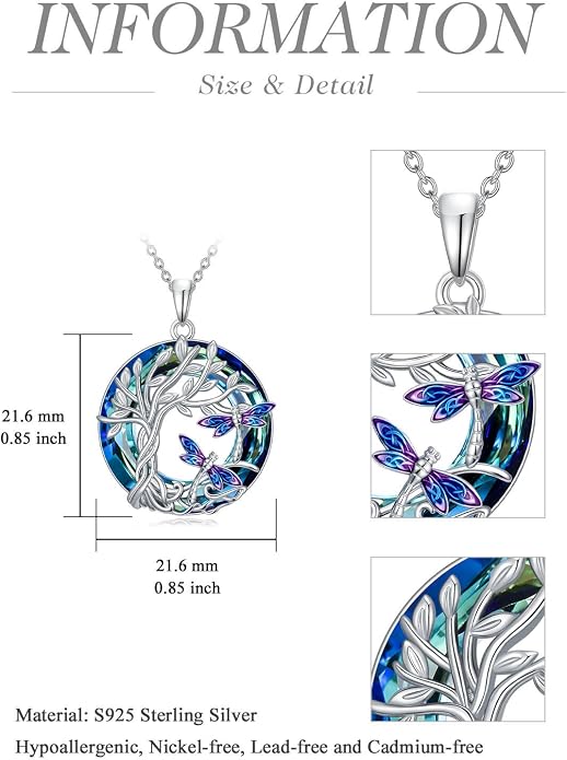 TOUPOP Sterling Silver Tree of Life Hummingbird/Dragonfly/Owl/Panda Necklace Crystal Bird Jewelry Birthday Christmas Valentines Day Gifts for Her Girlfriend Mom