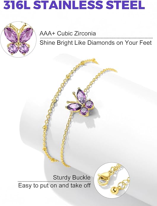 Richsteel Double Layer Heart/Butterfly Birthstone Anklet for Women Non Tarnish Waterproof, Silver/Gold/Black Stainless Steel 8.5-10.5 Inch Adjustable Chain Anklets Jewelry Gifts for Her