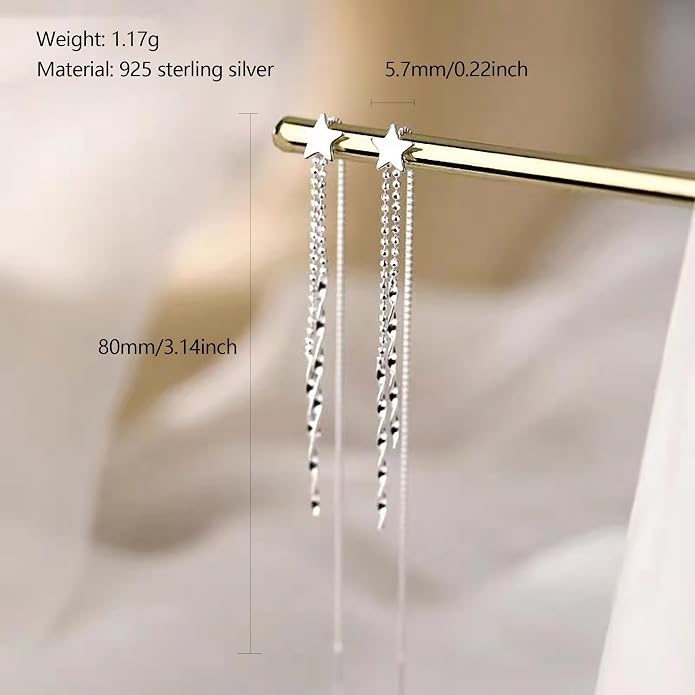 925 Sterling Silver Tassel Chain Dangle Earrings for Women Sparkling Long Fringe Dangle Drop Earrings Bling Line Minimalist Wedding Studs Earring Jewelry Birthday Christmas Gifts for Her