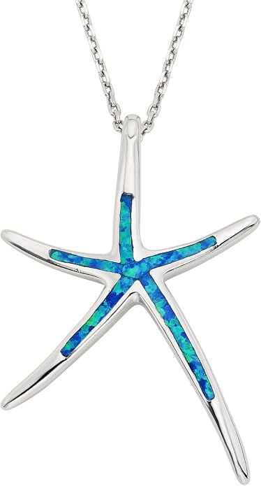 Created Blue Opal Ocean Necklace for Women, 925 Sterling Silver Pendant, 18 Inch Chain, Beach and Sea Life Jewelry Collection