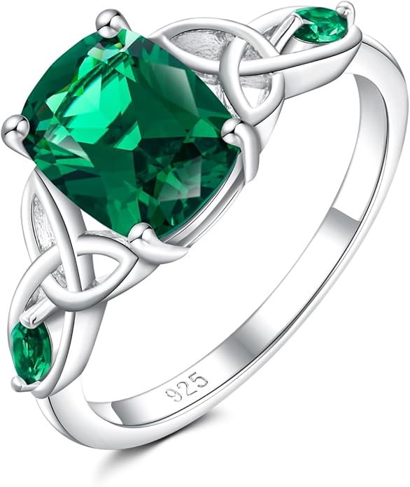 925 Sterling Silver Birthstone Rings for Women Cushion Cut Engagement Celtic Knot Ring Irish Jewelry Created Gemstone Anniversary Rings Size 6-10(with Box)
