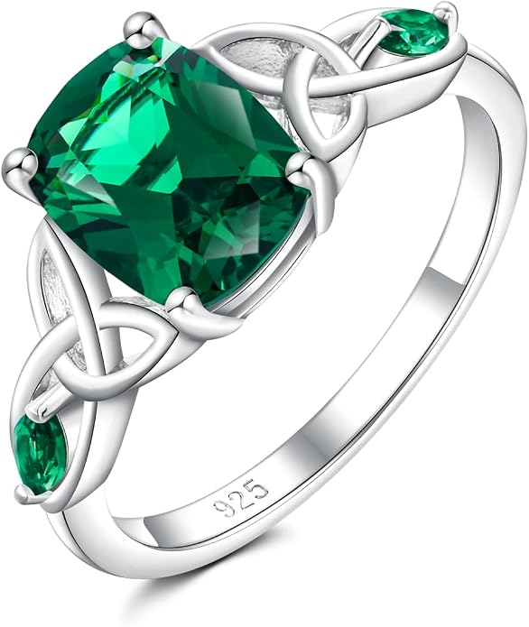 925 Sterling Silver Birthstone Rings for Women Cushion Cut Engagement Celtic Knot Ring Irish Jewelry Created Gemstone Anniversary Rings Size 6-10(with Box)