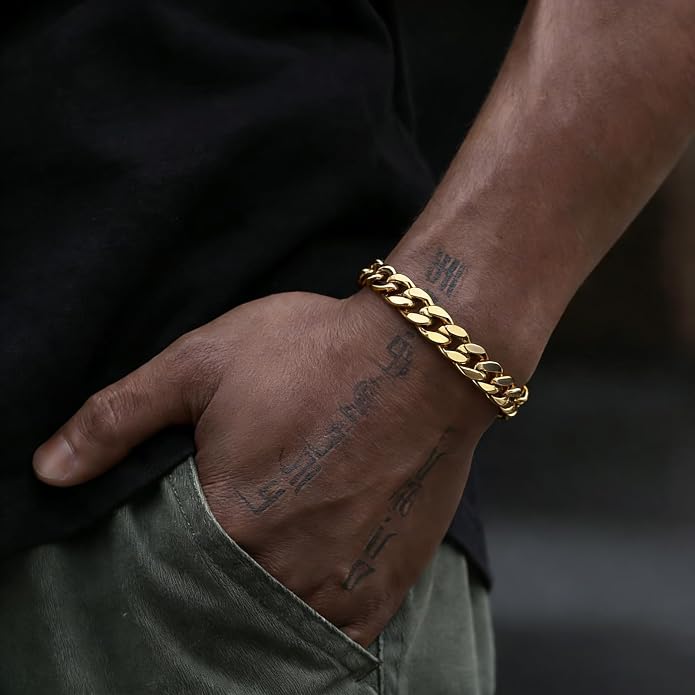 Stainless Steel Cuban Link Bracelet for Men - Gold/Silver Plated Miami Curb Chains Bracelet - Cuban Hand Chain Wrist Bracelet Hip Hop Jewelry, 9mm/11mm Width, 7.5"/8.3"/9"
