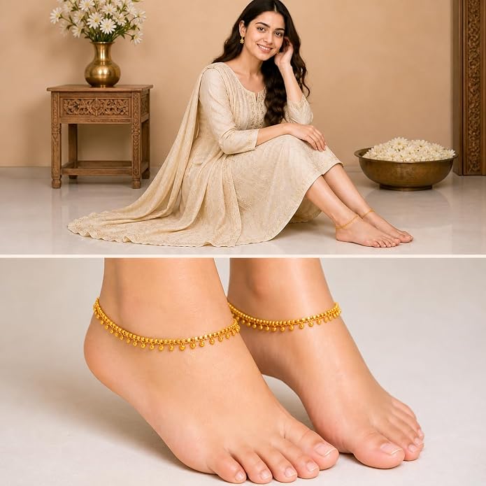 Jewar Anklet Payal Indian Traditional CZ Ad Plain Simple Handmade Natural Gold Plated Jewelry
