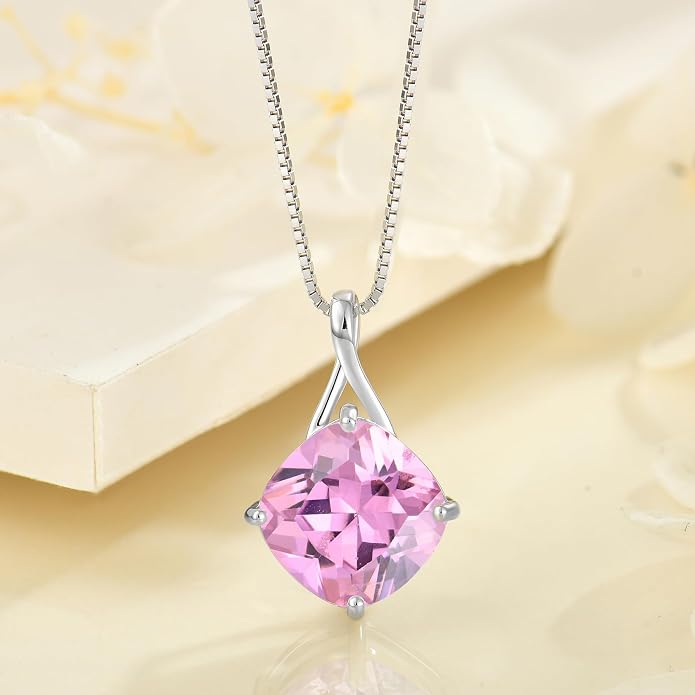 Square Cut Birthstone Necklace for Women Hypoallerg 925 Sterling Silver Cubic Zirconia Necklace Simple Jewelry for Her