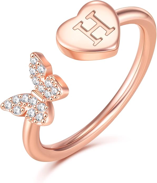 Initial Ring for Women Teens, Gold Plated Butterfly Heart Letter K Open Adjustable Ring, Dainty Alphabet Ring Jewelry Gift for Birthday