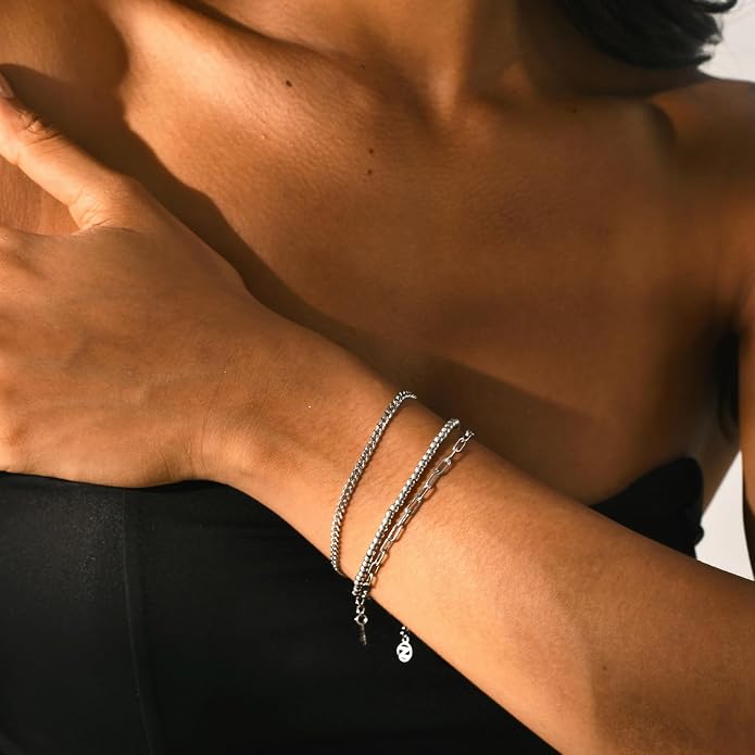NOKMIT Solid 925 Sterling Silver Bracelets for Women, Dainty Interlocking Circles Cubic Zirconia Adjustable Chain Bracelet, Trendy Stackable Link Bracelets, Simple Cute Jewelry Gifts