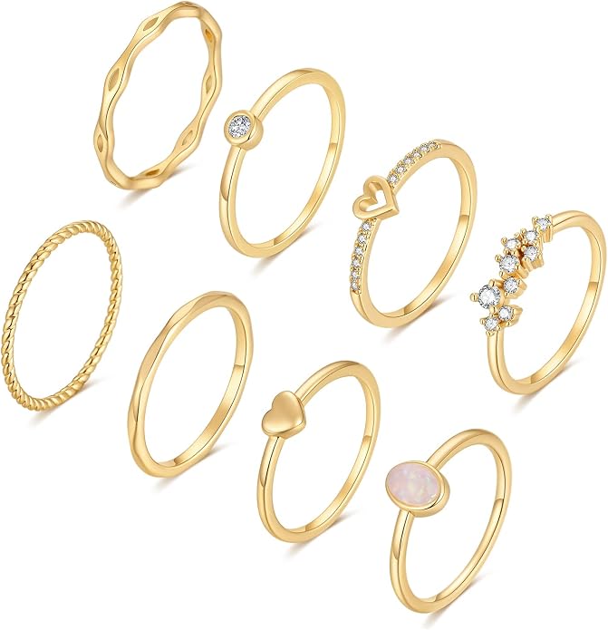 RLMOON 8-12PCS 14K Gold Ring Set for Women Non Tarnish Dainty Silver Rose Gold Thumb Stackable Stacking Rings Heart CZ Pinky Rings Plain Band Size 4-12