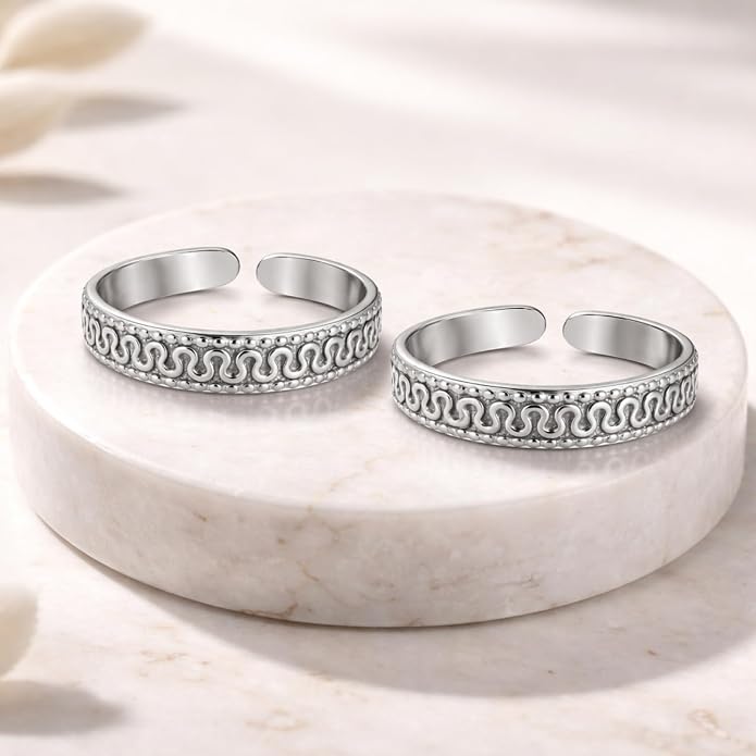 925 Sterling Silver Pattern Toe Ring for Women | Adjustable Open Band Bichhiya | White Toe Ring Mid Finger | Handmade Toe Cuff Foot Jewelry | Minimal Daily Wear Foot Ring | 2 CM Size