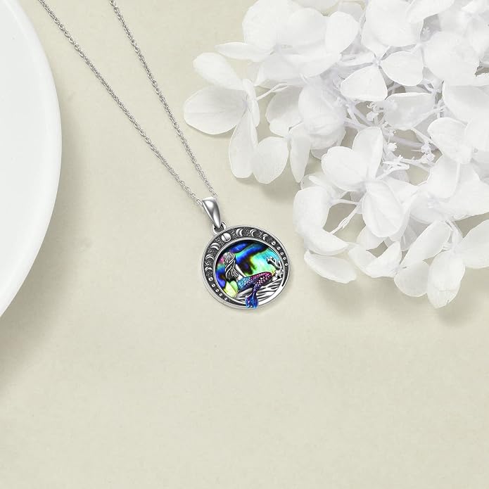 LUHE Mermaid Necklace Jewelry Gifts Sterling Silver Sea Mermaid Crescent Moon and Star Necklace with Flower Pendant Birthday Gifts for Daughter Women
