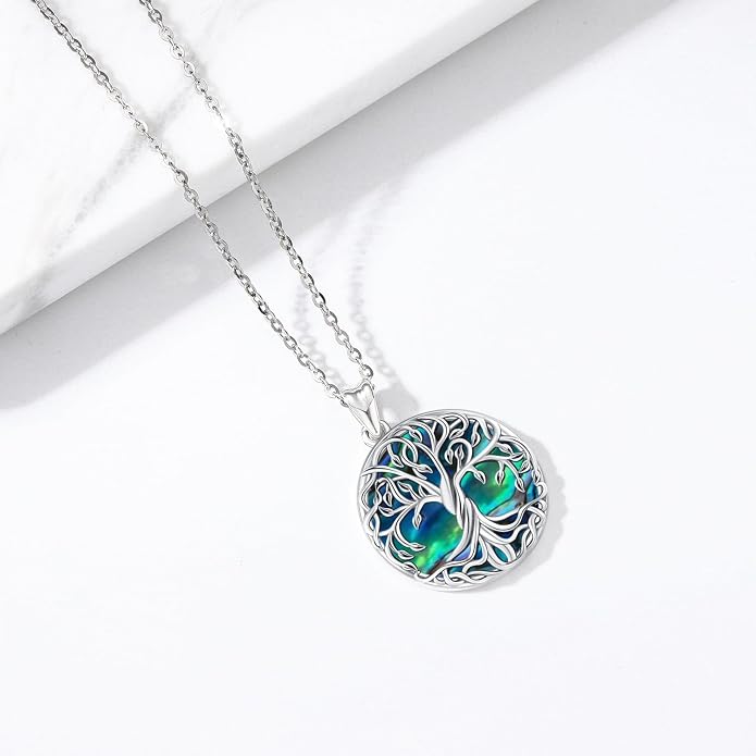 Aniu Tree of Life Necklace for Women, 925 Sterling Silver Mother of Pearl Family Palm Tree Charm Pendant Jewelry for Birthday Christmas Gift