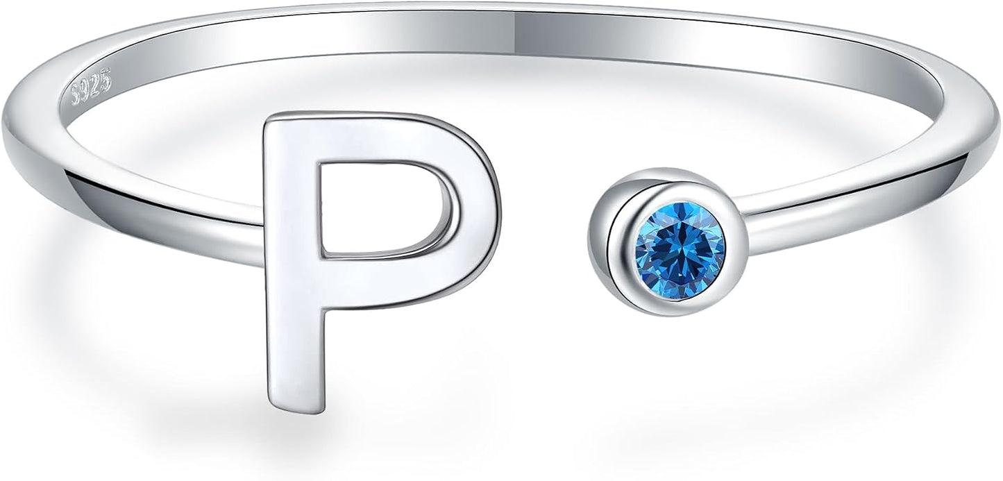925 Sterling Silver Initial Letter Birthstone Rings for Women Adjustable 1-12 Month Birthstone Alphabet Stacking Ring for Teens Girls Stackable Birthstone Rings Birthday Jewelry Gift for Daughter Mom