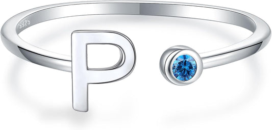 925 Sterling Silver Initial Letter Birthstone Rings for Women Adjustable 1-12 Month Birthstone Alphabet Stacking Ring for Teens Girls Stackable Birthstone Rings Birthday Jewelry Gift for Daughter Mom