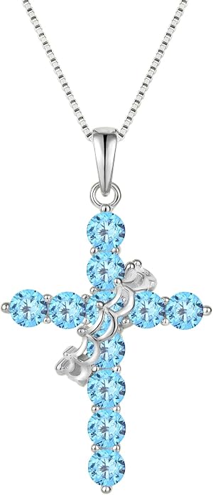 Rotated Crown Cross Necklaces for Women, 925 Sterling Silver Round Cut Zircon Neckalce Pendant With Ring Birthstones Jewelry for Her