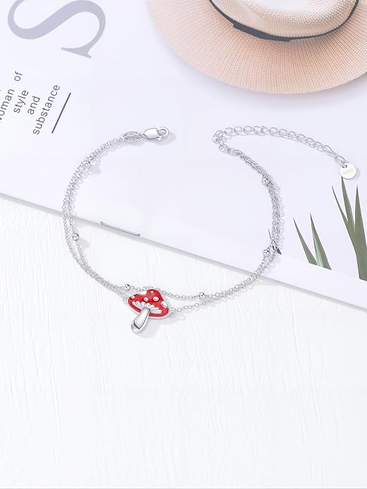 Dragonfly/Evil Eye/Hamsa Evil Eye/Lotus/Mushroom Anklet Bracelets for Women Sterling Silver Adjustable Double Layered Bracelet Anklet Mother's Day Jewelry Gifts Beach Jewelry