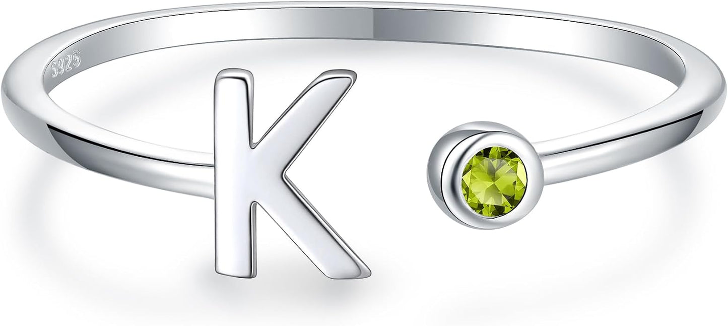 925 Sterling Silver Initial Letter Birthstone Rings for Women Adjustable 1-12 Month Birthstone Alphabet Stacking Ring for Teens Girls Stackable Birthstone Rings Birthday Jewelry Gift for Daughter Mom