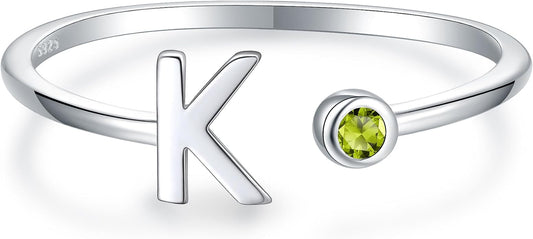 925 Sterling Silver Initial Letter Birthstone Rings for Women Adjustable 1-12 Month Birthstone Alphabet Stacking Ring for Teens Girls Stackable Birthstone Rings Birthday Jewelry Gift for Daughter Mom