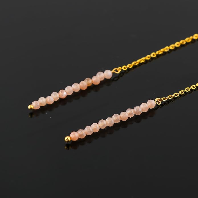 Natural Gemstone Threader Earrings for Women - Dainty 2mm Faceted Beads - Birthstone Crystal Drop Earrings - Silver Plated Healing Jewelry